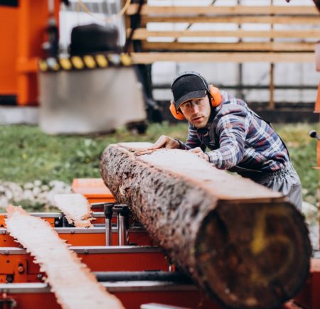 Carpenter working on a sawmill on a wood manufacture